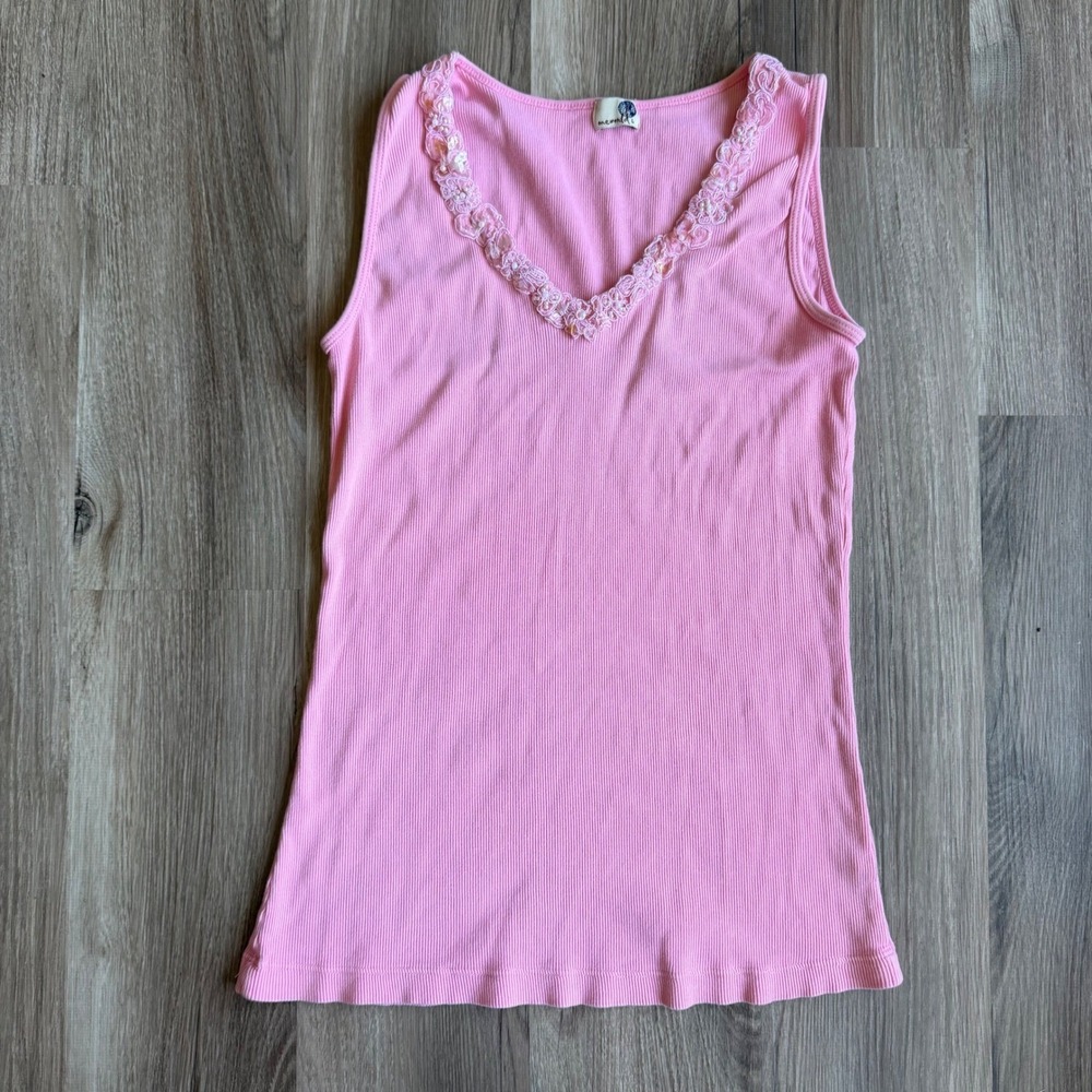 Y2K One‎ World Pink Ribbed Tank Top Lace Sequin V-Neck Sleeveless Womens L